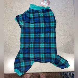 Blue Green Plaid Dog Pajamas Holiday Pet Outfit NWT Size M